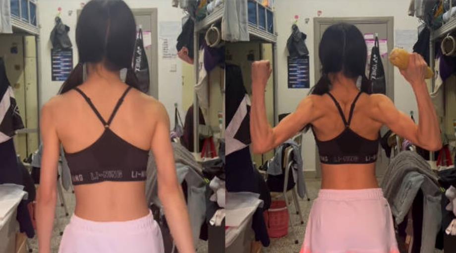 女子在宿舍展示纤细身材,下一秒突然发力***一身肌肉,网友看懵 女子在宿舍展示纤细身材,下一秒突然发力***一身肌肉,网友看懵